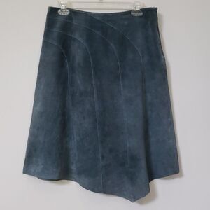 Vintage Suede Leather Skirt Womens sz 10 Asymmetric Hem Pieced Teal A line Midi